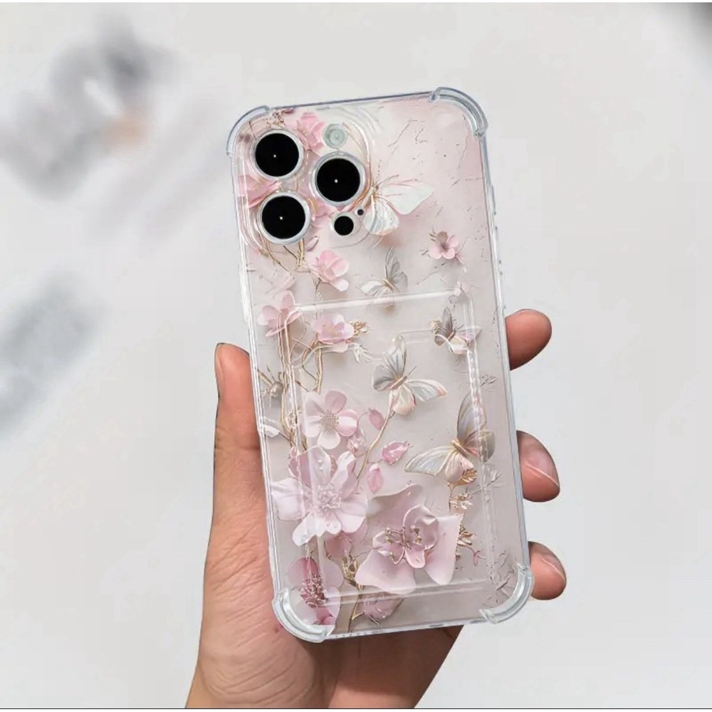 Flower Silicone Case For iPhone 16 Pro Clear Card Slot Cover
